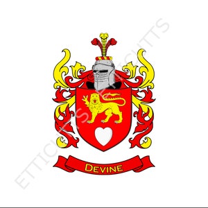 Puede incluir: Un escudo de armas rojo y dorado con un león, un corazón y un casco. El texto "DEVINE" se muestra debajo del escudo de armas.