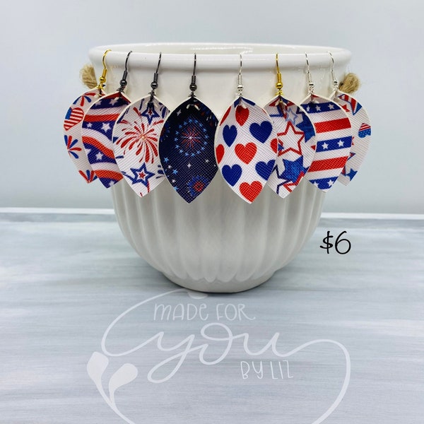 4th of July Earrings | Patriotic Earrings | Pinched Faux Leather Earrings | Fireworks Earrings | Flag Earrings | USA Earrings