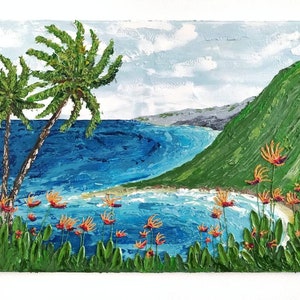 Palette knife heavy thick oil structure painting of ocean Beach  with mountains and Hawaii inspiration. Original painting and gift