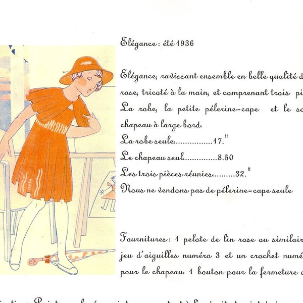 Pattern explication  tricot Bleuette "Élégance été 1936".  en français.