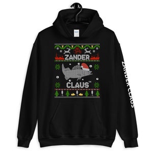 Zander Claus Christmas sweater - Ugly sweater look with small signature in design and logo on left arm -Zander Claus ® hoodie