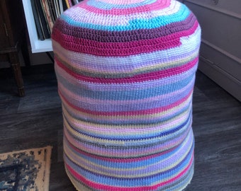 Scrappy Crochet Footstool, Scrap Yarn Project, Crochet Footstool