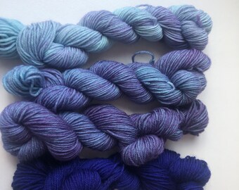 Blue hand dyed mini skein sock yarn set, superwash fine merino, 4x20g, sock yarn
