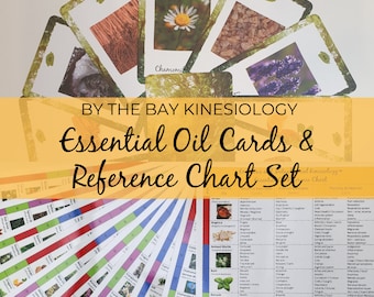 May include: A set of essential oil cards and a reference chart. The cards feature images of plants like chamomile and lavender. The reference chart displays information about essential oils. The text "BY THE BAY KINESIOLOGY" and "Essential Oil Cards & Reference Chart Set" are visible.