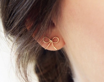 Dainty bow earrings, cute bow stud earrings, unique handmade jewelry, minimalist gold filled jewelry, small knot earrings, ribbon earrings