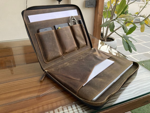Leather Tech Portfolio Organizer Zipper, Laptop Organizer Bag, A4