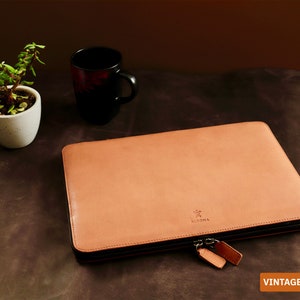 Leather Laptop Sleeve Case Bag with document holder pocket for MacBook, HP, Lenovo, DELL, ASUS 12 Inch 13 Inch 14 Inch 15 Inch 16 inch 17 Vintage Tan