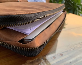 Vegetable Tanned Leather Laptop Organizer With Document Pocket - Etsy