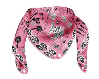 Beautiful CYCLADES Silk Scarf Jungle Pink - Nature & Ancient Greek Ceramic Drawings -Luxury Piece of Mythical Greek Design