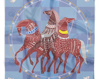 CYCLADES Silk Scarf Lucky Horses - Inspired by Pegasus - Greek mythology Artwork Silk Fabric Scarf Hand Rolled