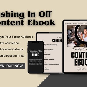 Könnte beinhalten: Ein digitales E-Book-Cover mit dem Titel "Cashing In Off Content Ebook" in schwarzem Text auf beigefarbenem Hintergrund. Das E-Book-Cover zeigt eine Frau, die ein Video auf einem Tablet aufnimmt. Das E-Book-Cover enthält auch eine Liste der im E-Book behandelten Themen, darunter "Analysieren Sie Ihre Zielgruppe", "Identifizieren Sie Ihre Nische", "Content-Kalender 2024" und "Tipps zur Keyword-Recherche".