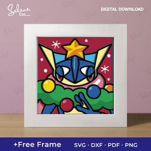 May include: A framed digital art print featuring a blue and yellow cartoon character with a star and snowflake accents. The artwork is set against a red background and framed in a white square. The bottom of the frame has the text "+Free Frame" and "SVG • DXF • PDF • PNG".