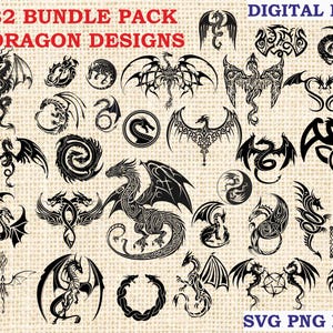 Puede incluir: Una colección de 32 diseños de dragones negros en varios estilos, incluyendo tribal, celta y arte fantástico. El texto "32 BUNDLE PACK DRAGON DESIGNS" se muestra en rojo, con "DIGITAL FILE" en azul. Los diseños están disponibles en formatos SVG, PNG y DXF.