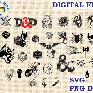 Bundle Pack SVG 30 stuks Dungeons and Dragons Commercieel Gebruik Silhouette SVG, Silhouette Cricut, D20 svg, d en d svg, DM Svg rpg