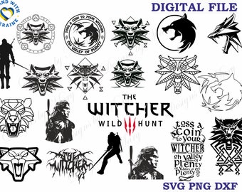 Witcher svg Bundle Pack 20 pcs, Geralt of Rivia svg, White wolf svg, Witcher Logo medallion svg, Silhouette SVG Cricut, dxf, png, rpg