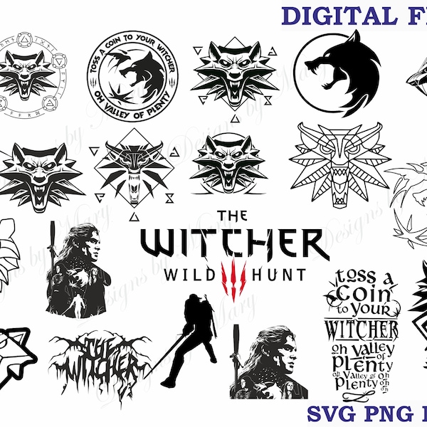 Witcher svg Bundle Pack 20 pcs, Geralt of Rivia svg, White wolf svg, Witcher Logo medallion svg, Silhouette SVG Cricut, dxf, png, rpg