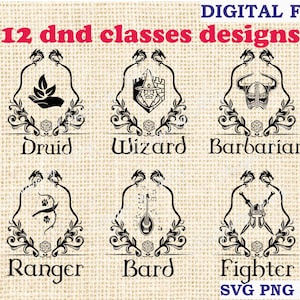 emblemi di classe dnd Bundle Pack 12 pz, dnd svg, Dungeons and Dragons svg, d e d svg rpg, Commercial Use Silhouette SVG file per Cricut,
