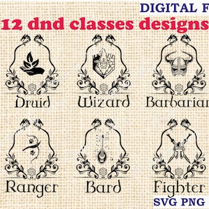 Emblèmes de classe dnd Bundle Pack 12 pcs, dnd svg, Donjons et Dragons svg, d et d svg rpg, Commercial Use Silhouette SVG fichier pour Cricut,