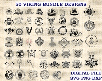 Könnte beinhalten: Ein Set mit 50 Schwarzweiß-Vektorillustrationen von Wikinger-Symbolen, darunter Äxte, Schilde, Helme und Knoten. Die Designs sind perfekt für Basteln, Scrapbooking und andere kreative Projekte.