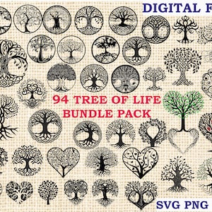 May include: A digital file bundle of 94 black and white tree of life designs. The designs are in a variety of styles, including traditional, modern, and abstract. The bundle includes SVG, PNG, and DXF files.