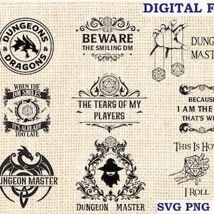 Bundle Pack SVG 9 piezas dnd, d y d svg, Dungeons and Dragons svg, Dungeon master svg Silhouette SVG para Cricut, DM Svg rpg vector clipart