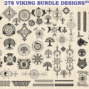 May include: A collection of 278 Viking bundle designs in SVG, PNG, and DXF formats. The designs include various Viking symbols, such as trees, wolves, crosses, and geometric patterns, all in black against a beige background.