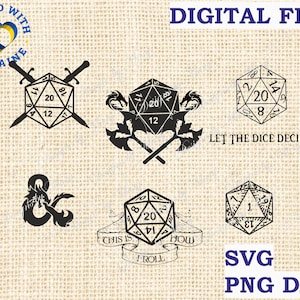 Pack Pack SVG 6 pcs Dice D20 svg, Así es como ruedo, Dungeons and Dragons Silhouette svg cricut, d y d svg, RPG vector clipart,