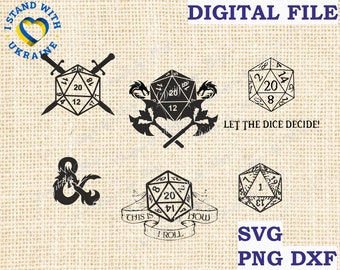 May include: A digital file set of six black and white images featuring dice and other symbols related to Dungeons and Dragons. The text "Let the dice decide!" and "This is how I roll" are included in the images.