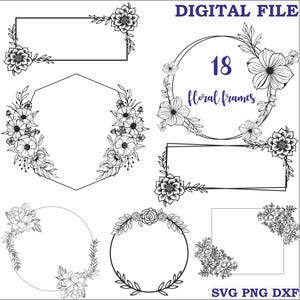 May include: Digital file showcasing 18 floral frames in diverse shapes, such as rectangles, circles, and a hexagon. Each frame is decorated with intricate floral and leaf designs, ideal for digital art projects. The text "DIGITAL FILE" is at the top.