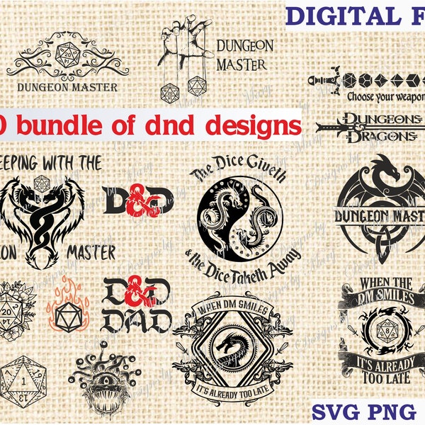 DnD Bundle Pack SVG 30 Stück d und d svg, Dungeons und Dragons svg, Dungeon Master svg Silhouette SVG für Cricut, DM svg rpg Vektor-Clipart