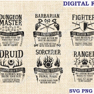 dnd svg, dm svg, barbaro svg, druido svg, ranger svg, combattente svg, emblemi di classe dnd Pacchetto da 7 pezzi File di taglio, file Silhouette SVG per Cricut