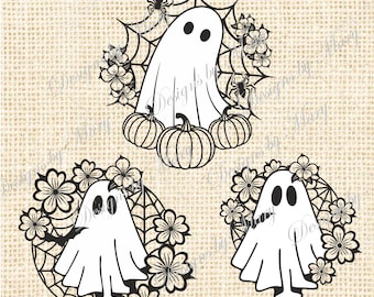 Fantasma de Halloween SVG, Fantasma lindo SVG con flores, Fantasma de flores SVG, Archivo de corte para Cricut SVG PNG DXF, PNG, Archivo de corte láser fantasma Glowforge