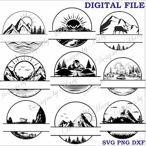 May include: A collection of black and white digital file designs featuring outdoor scenes. Each design is set within a semi-circle and includes mountains, trees, sun, and water elements. Text at the top reads "DIGITAL FILE" and at the bottom "SVG PNG DXF".
