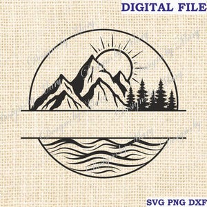 Könnte beinhalten: Schwarz-weißes Berg- und See-Design. Das Bild zeigt eine Bergkette mit einer dahinter aufgehenden Sonne und einer Reihe von Bäumen. Unter den Bergen befindet sich eine Zeile für Text, und darunter ein See-Design. Die Wörter "DIGITAL FILE" und "SVG PNG DXF" stehen oben und unten.