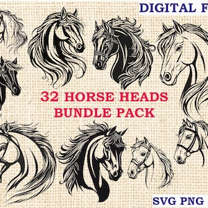 May include: A digital file featuring a collection of 32 horse head illustrations in black and white. The images showcase various horse breeds and styles, with flowing manes and detailed bridles. Text reads "32 Horse Heads Bundle Pack" and "Digital File".