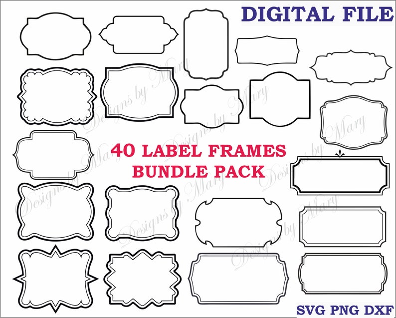 May include: A set of 40 black and white label frames in various shapes and sizes.  The frames are perfect for adding a touch of elegance to your projects.  SVG PNG DXF.