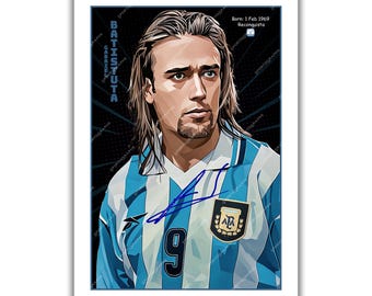 Pôster de arte com memorabilia de futebol autografado por Gabriel Batistuta