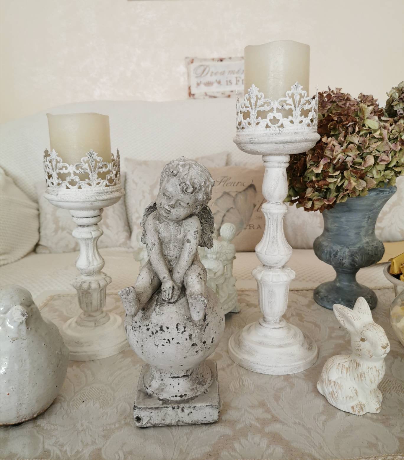 Candelabro Vintage A 5 Bracci In Ghisa - Stile Shabby Chic Bianco, Per Candele E Lumini