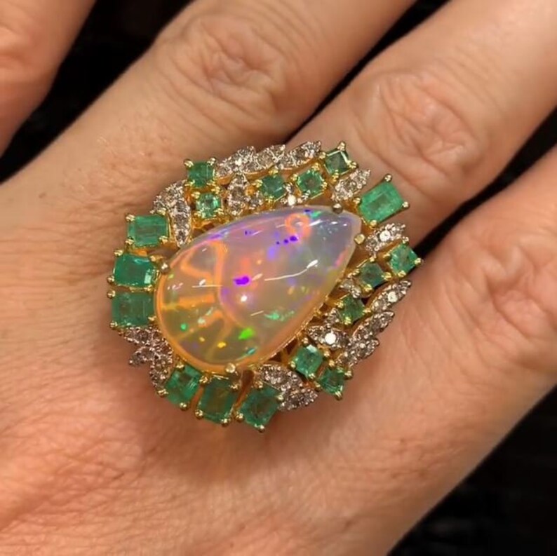 Ethiopian Opal Ring, Emerald Gemstone Ring, Pave Diamond Ring, Cocktail