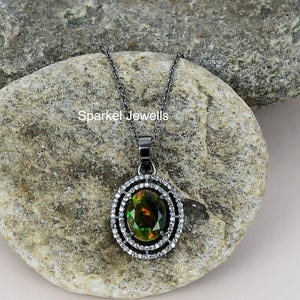 Black Fire Opal Pendant, Pave Diamond Pendant, 925 Sterling Silver Pendant, Ethiopian Opal Pendant, Handmade Jewelry, Gift For Loved Ones!