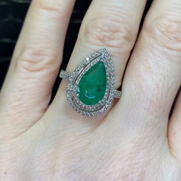 Emerald Gemstone Ring, Pear Shape Ring,Pave Diamond Ring, Handmade Ring, Everyday Ring, Cocktail Ring,925 Sterling Silver Fine Jewelry,Gift!