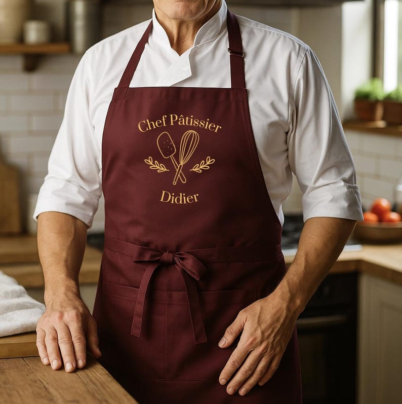 May include: A burgundy apron with the text "Chef P&acirc;tissier Didier" in gold lettering. The apron features a bow at the waist and two front pockets. The chef is wearing a white chef's coat.