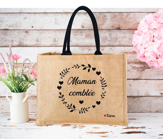 Cadeau fête des mères /Cabas Jute personnalisé Maman comblée/Sac cabas maman/Cabas Jute personnalisé Maman/idée cadeau fête des mères