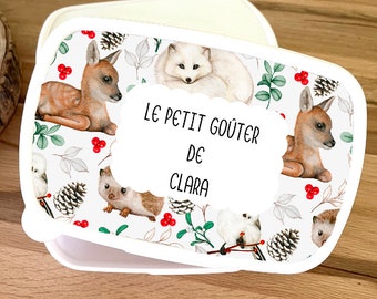 boite a gouter personnalisée-école-maternelle-luch box avec prénom-boite à gouter thème fôret