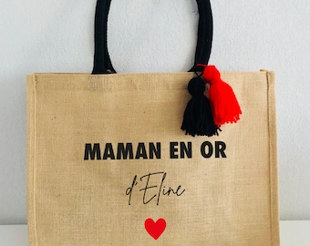 Sac en jute Maman en or- Cadeau fête des mères -sac personnalisé maman - Cabas personnalisé maman en or- Cadeau maman d'amour