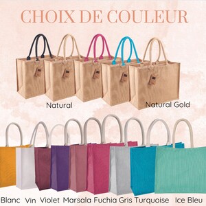 May include: A selection of jute tote bags in various colors, including natural, gold, yellow, white, purple, pink, gray, turquoise, and green. The bags have a choice of colors for the handles, including black, pink, blue, and white.