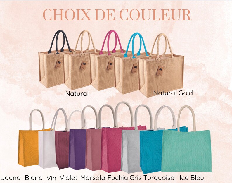 May include: A selection of jute tote bags in various colors, including natural, gold, yellow, white, purple, pink, gray, turquoise, and green. The bags have a choice of colors for the handles, including black, pink, blue, and white.