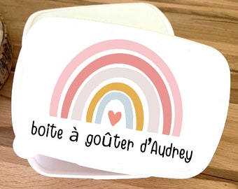 boite a gouter personnalisée-école-maternelle-luch box avec prénom-boite à gouter thème arc en ciel