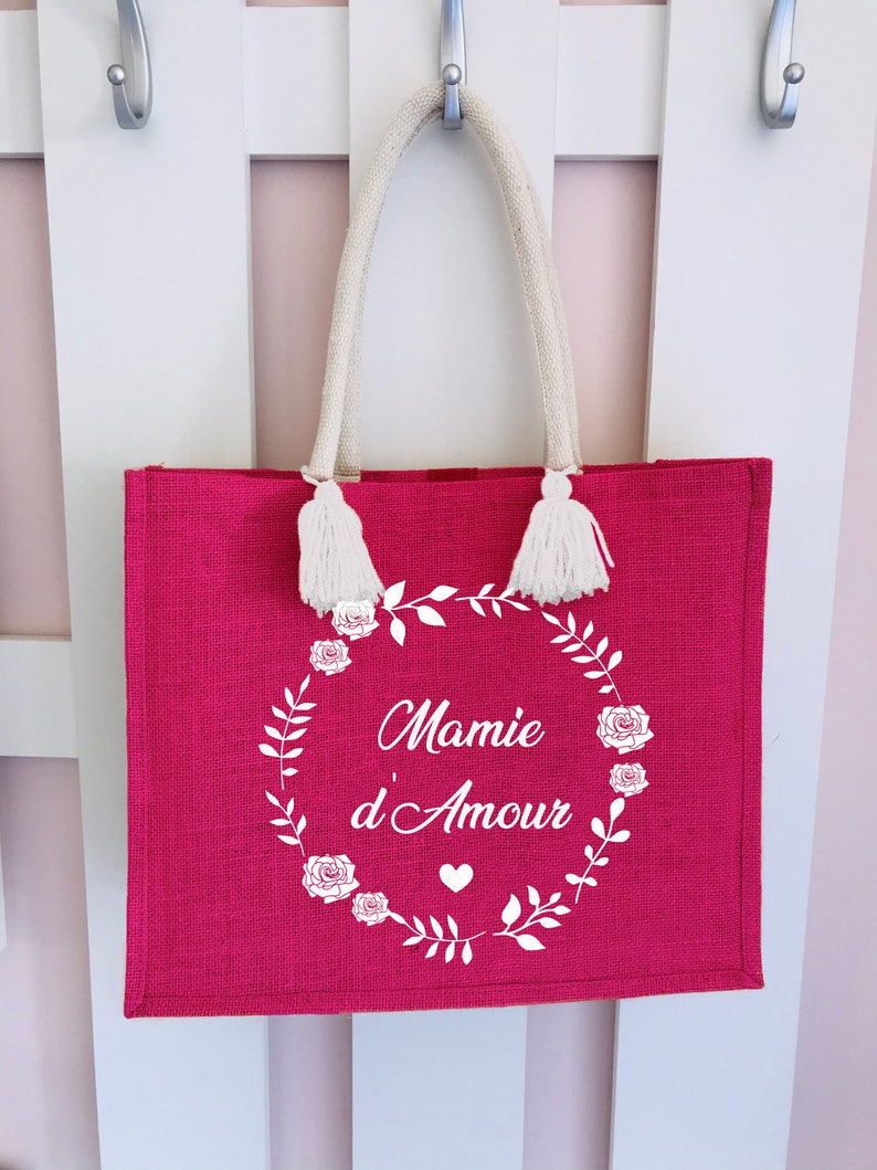 Sac en jute personnalisable avec roses Sac en jute personnalisé avec texte Cadeau personnalisé mamie-mamanfête des grand-mères imagem 2