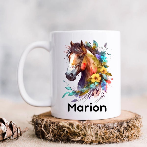 Mug personnalisé cheval fleur-Tasse personnalisée cheval enfant -tasse enfant-Mug cheval-Cadeau personnalisé equitation-cadeau enfant